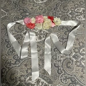 Maternity Sash Belt with Flowers Pearls Satin Ribbon for Baby Shower Dress